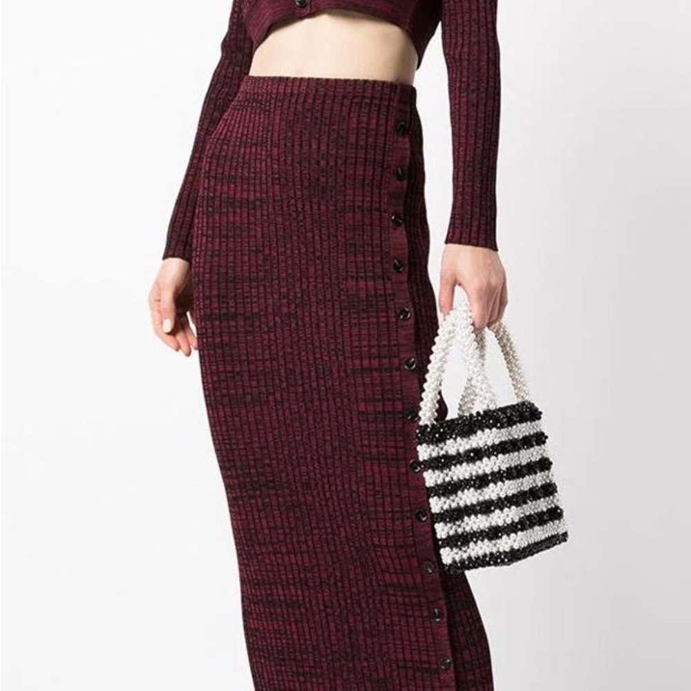 Self-Portrait Burgundy Red Black Ribbed Knit Midi Skirt